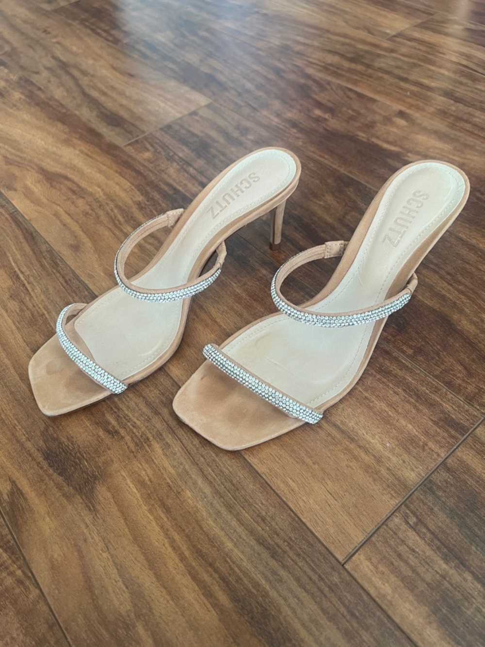 SCHUTZ Beige Rhinestone Two-Strap Stiletto Sandals